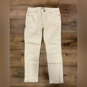 Free People Denim Jeans Stretch Off White Cropped Frayed Hem Distressed Size 27